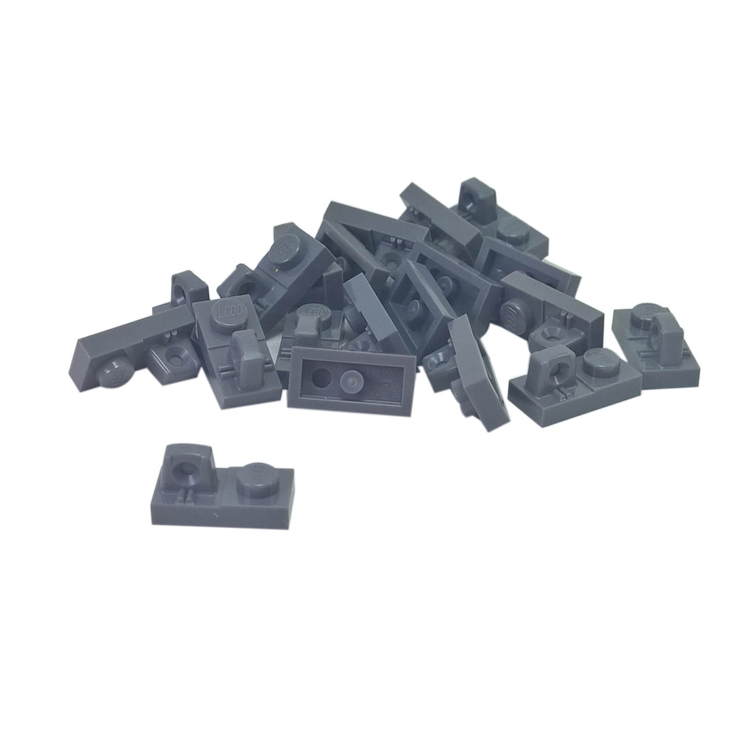 Dark bluish gray hinge plate 1x2 locking with 1 finger on top, used for hinged connections and moving builds.
