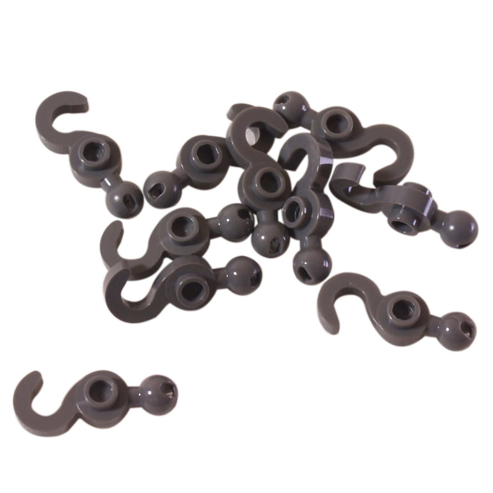 Dark bluish gray hook piece with towball end for connecting to minifigure and vehicle builds.
