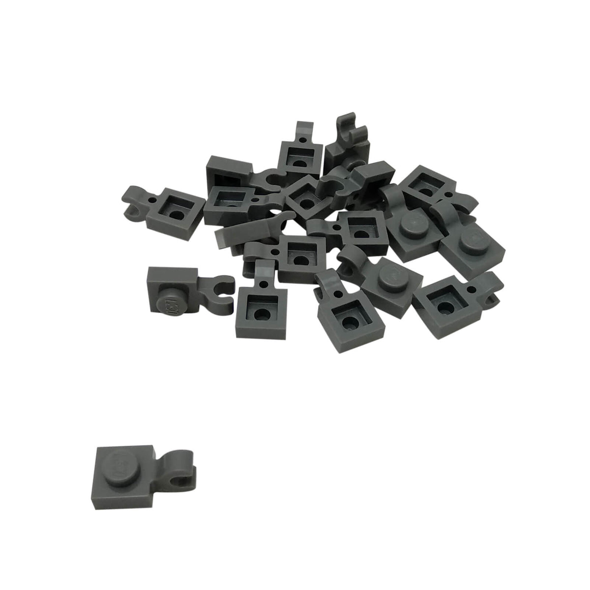 Dark bluish gray LEGO® modified plate 1 x 1 part 61252 shown from two angles with single stud and open horizontal O clip