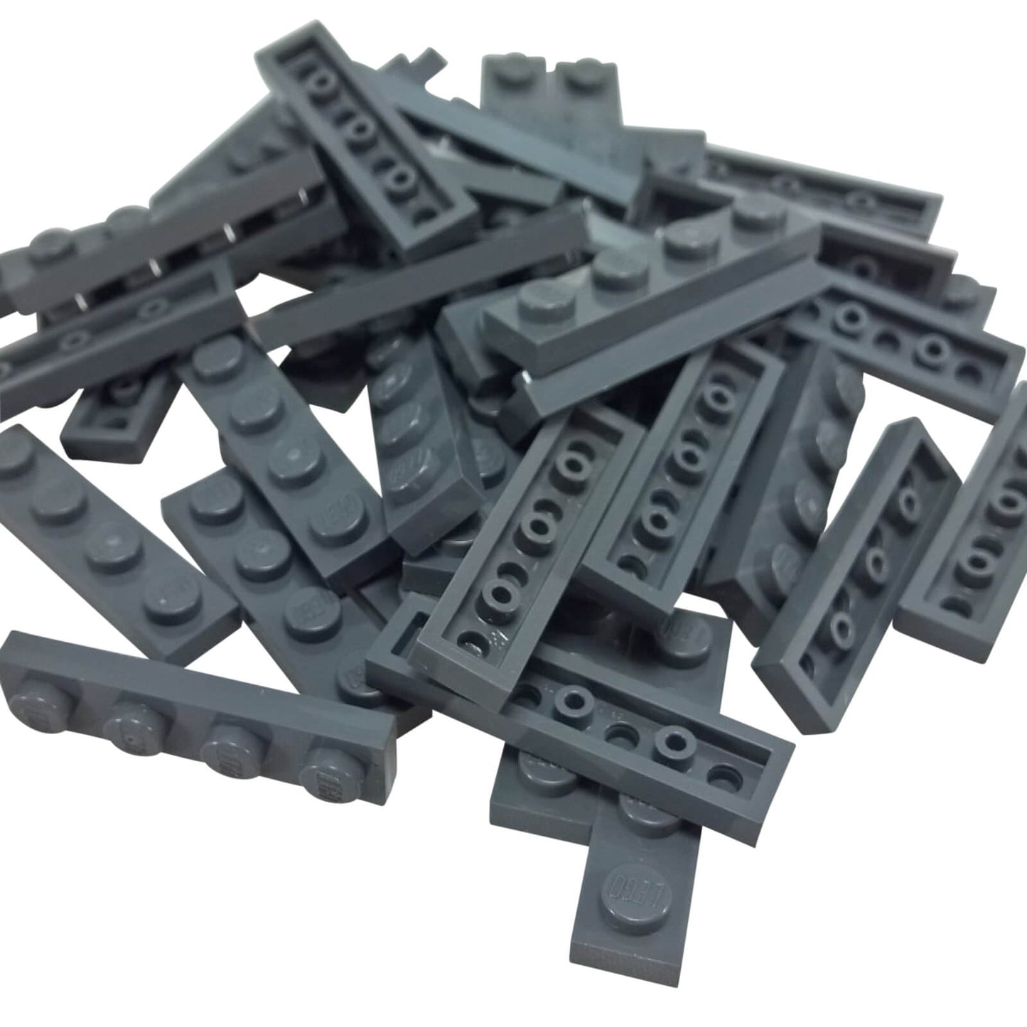 Dark bluish gray 1x4 plate building piece with four studs for detailed minifigure scale builds
