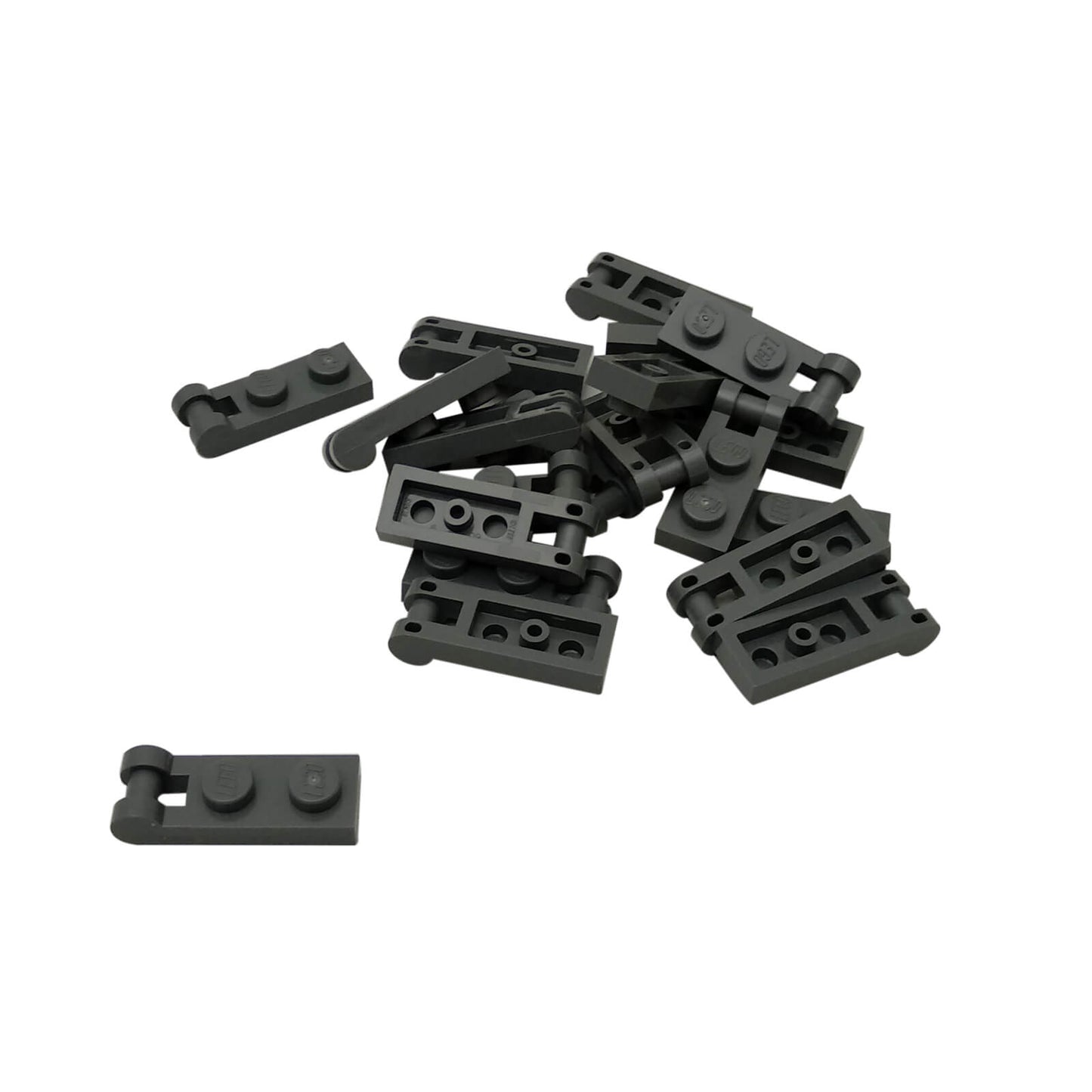 Dark Bluish Gray Plate Modified 1 x 2 with Handle on End and Closed Ends, part 60478, featuring a flat 1x2 plate base with an integrated end handle and smooth closed tips