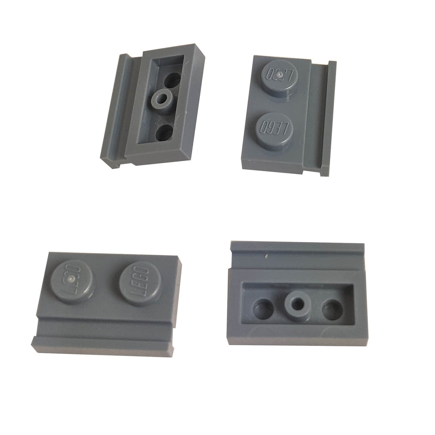 Dark bluish gray modified Plate 1 x 2 with door rail for sliding doors, track guides, and compact wall builds

