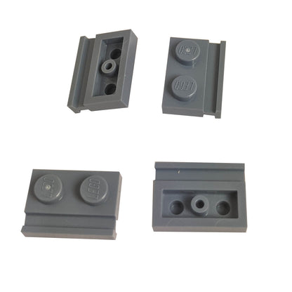 Dark bluish gray modified Plate 1 x 2 with door rail for sliding doors, track guides, and compact wall builds
