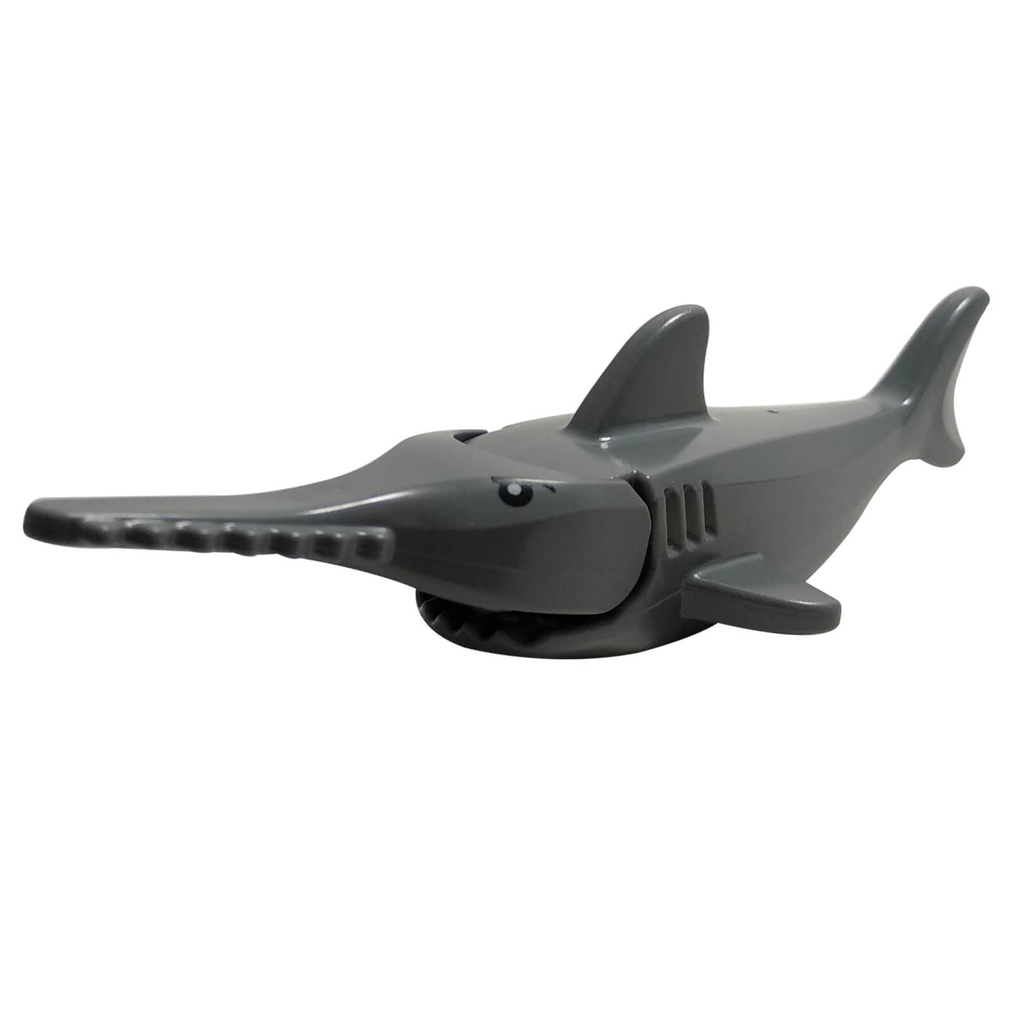 Dark bluish gray sawfish with long serrated snout, side view sea animal figure
