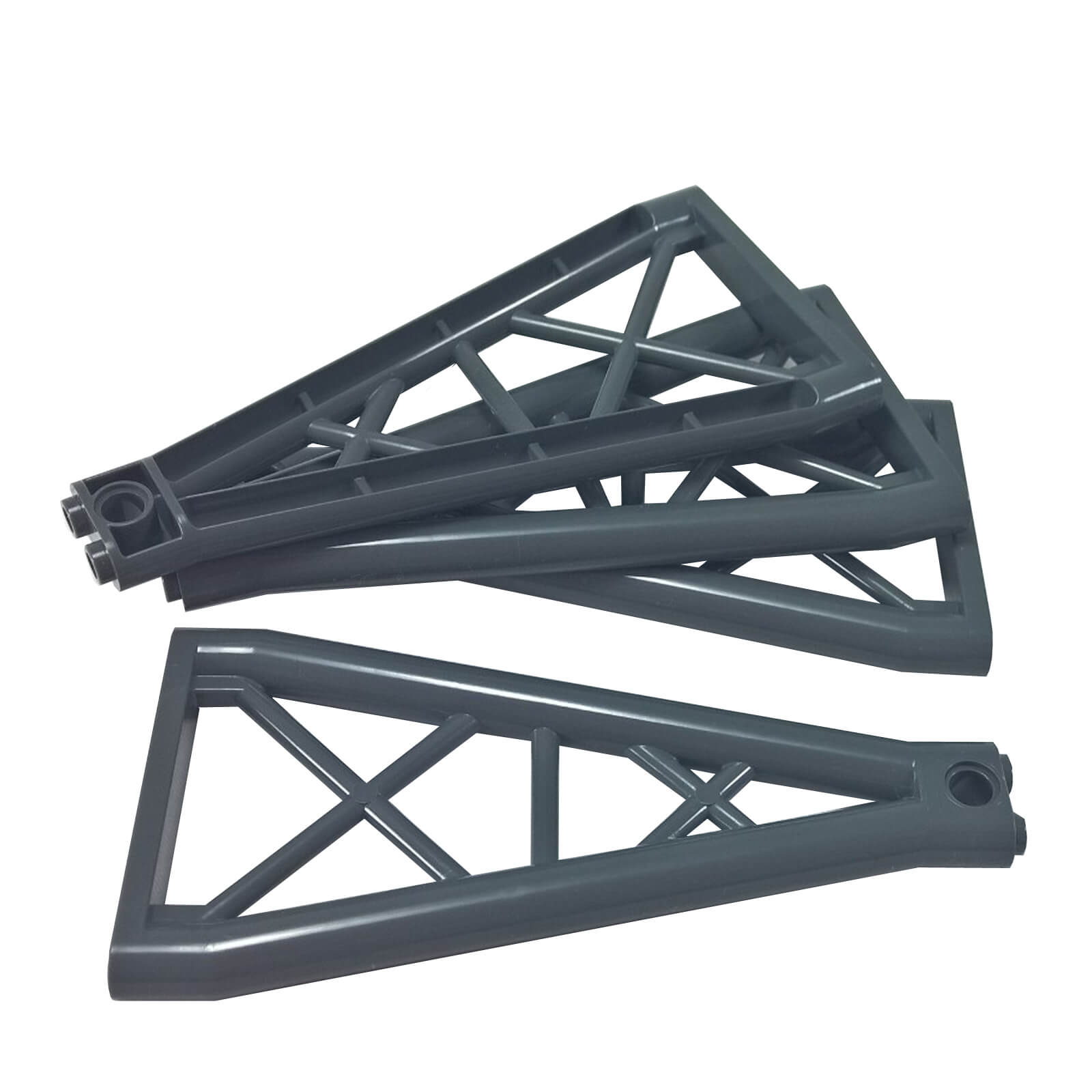 Dark bluish gray triangular girder support piece 1x6x10, lattice frame element for structural builds and scaffolding.
