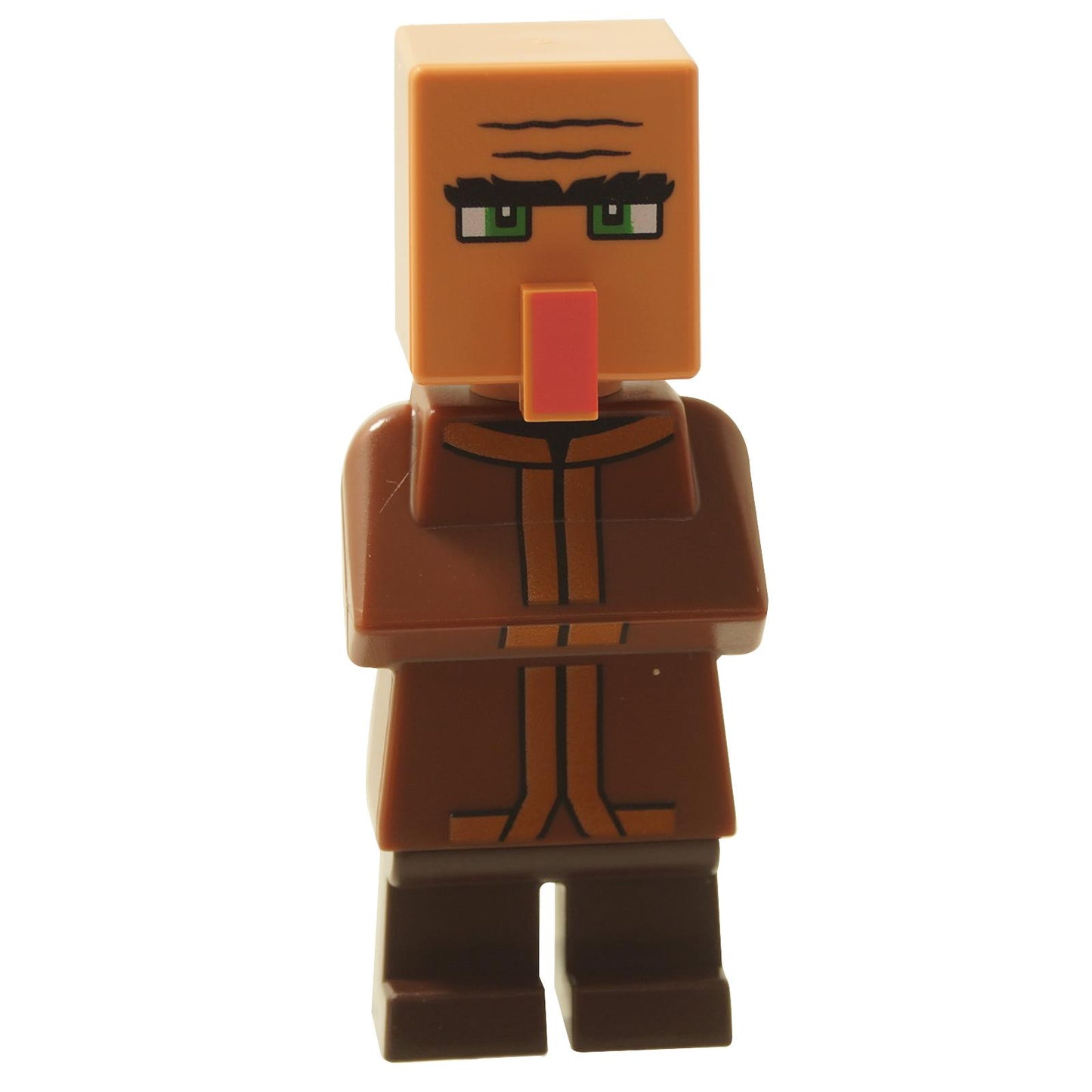 LEGO® Película de Minecraft Minifigura Aldeano del set 21273 El ataque del globo Ghast, vestindo una túnica marrón con ojos verdes.