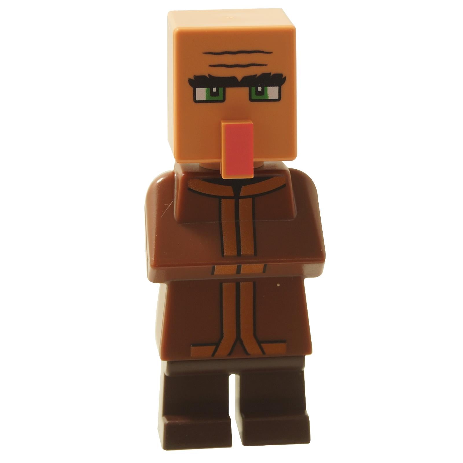 LEGO® Película de Minecraft Minifigura Aldeano del set 21273 El ataque del globo Ghast, vestindo una túnica marrón con ojos verdes.