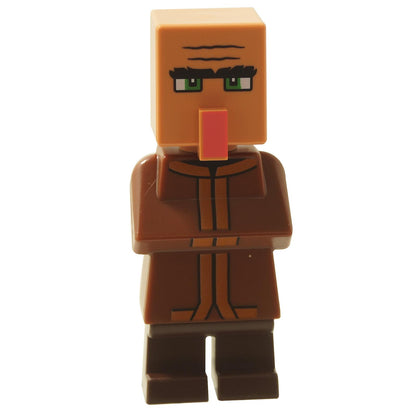 LEGO® Película de Minecraft Minifigura Aldeano del set 21273 El ataque del globo Ghast, vestindo una túnica marrón con ojos verdes.
