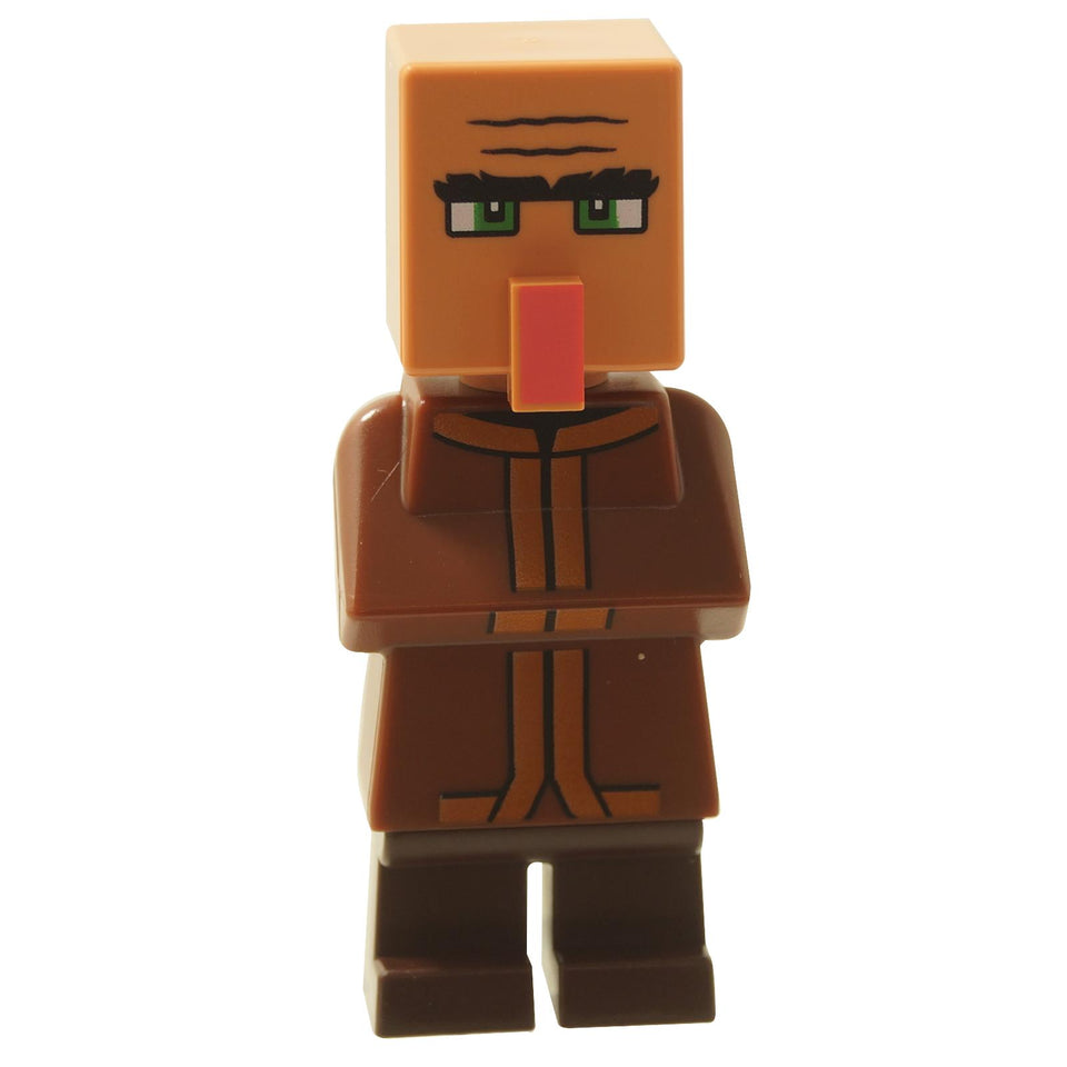 LEGO® Minecraft Movie Minifigure Villager from set 21273 The Ghast Balloon Village Attack, wearing a brown robe with green eyes.