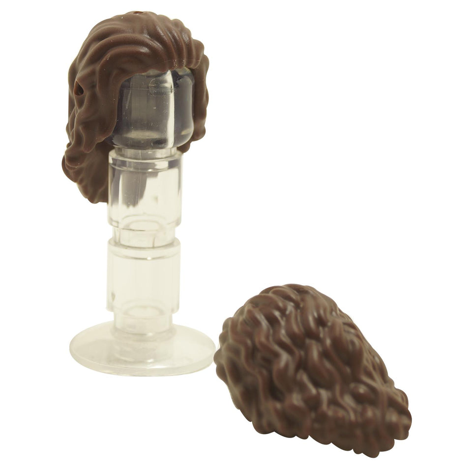 Dark brown mini doll hairpiece with long wavy style, bangs swept back, top hole for accessory attachment, and flexible rubber material