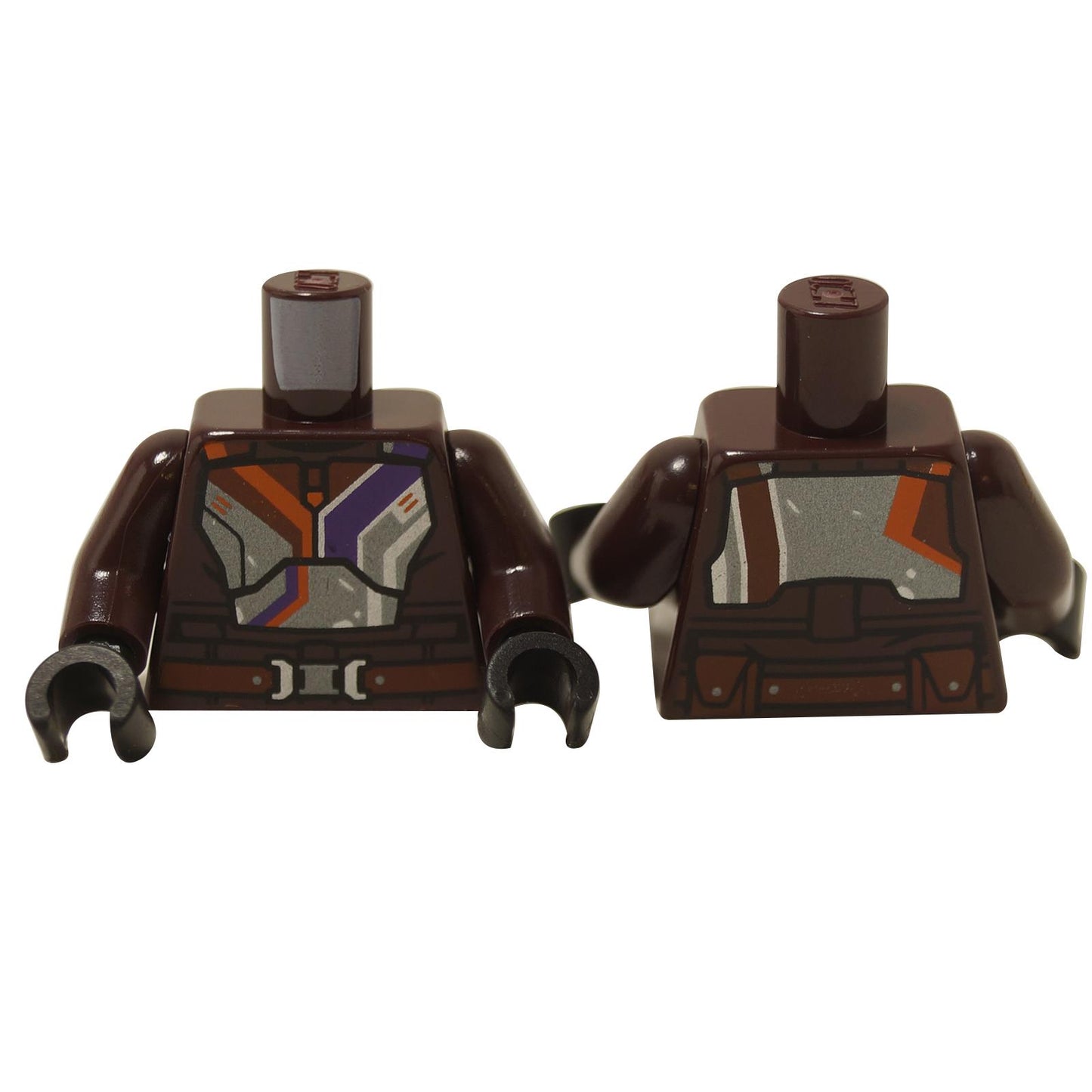 Dark brown minifigure torso with Mandalorian-style armor print, silver plates, purple and orange stripes, black hands
