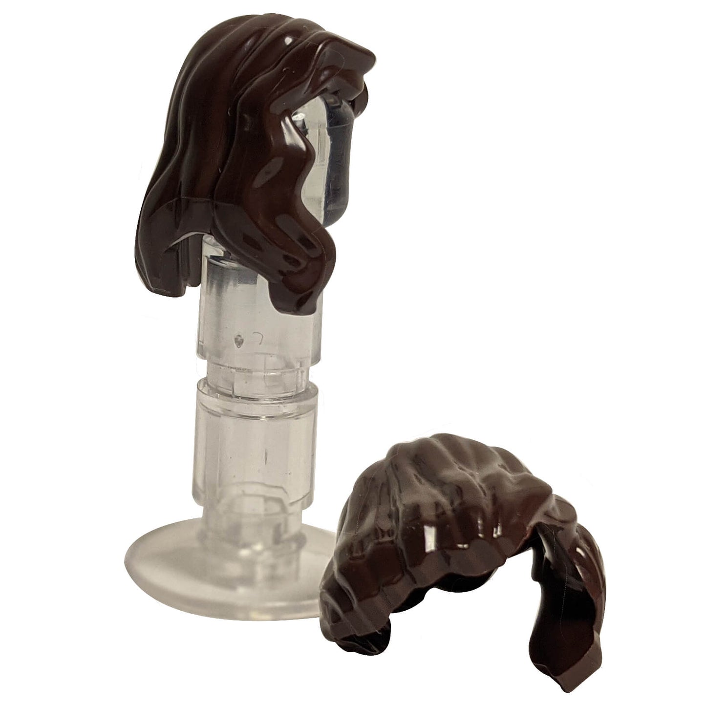 minifigure female mid length hair dark brown with part over right shoulder detailed hairstyle accessory piece
