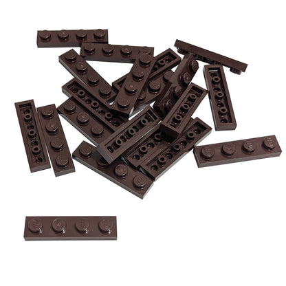 Dark brown 1x4 plate building piece with four studs for detailed minifigure scale builds
