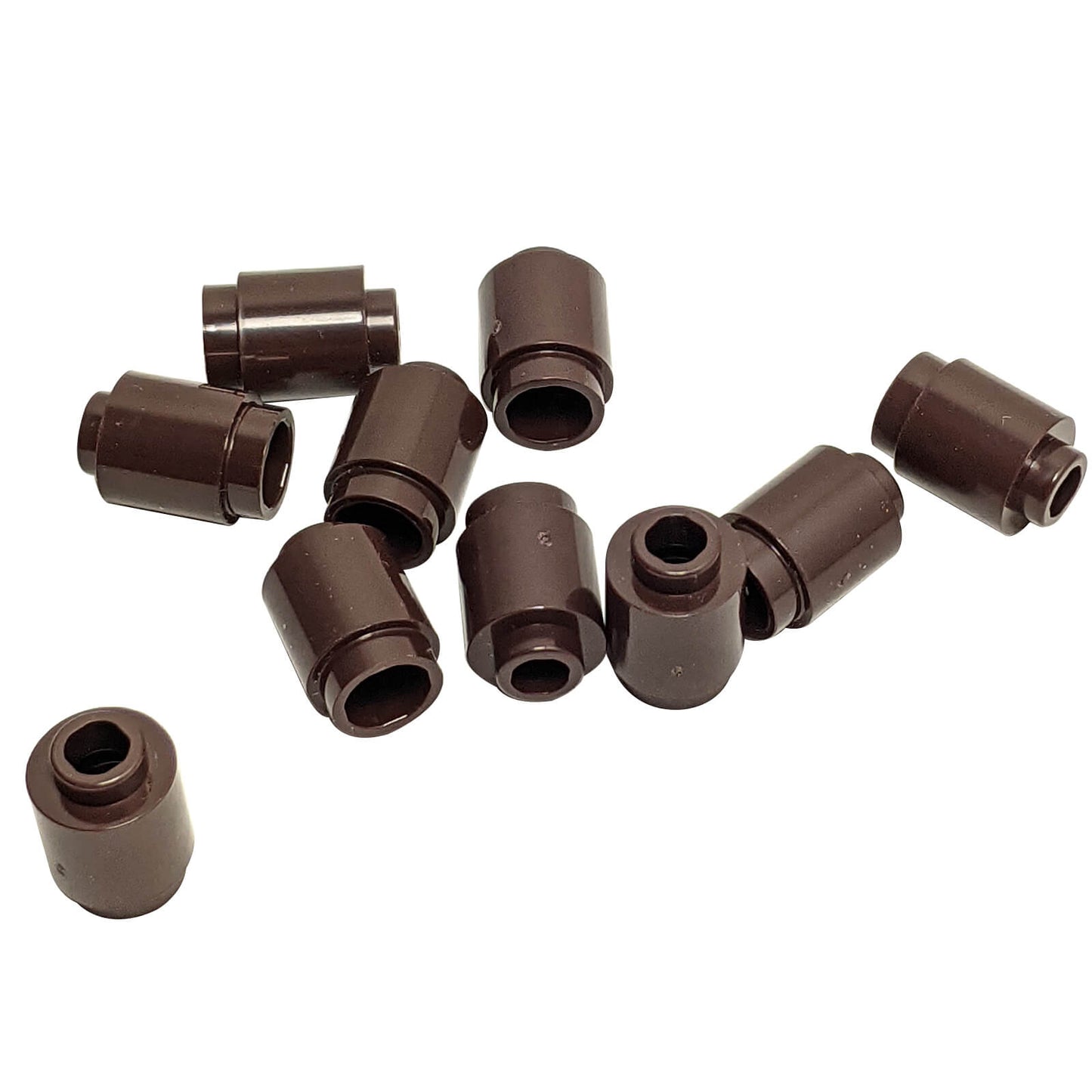 Dark brown round 1 x 1 brick part 3062 with cylindrical shape for LEGO® building details and accents
