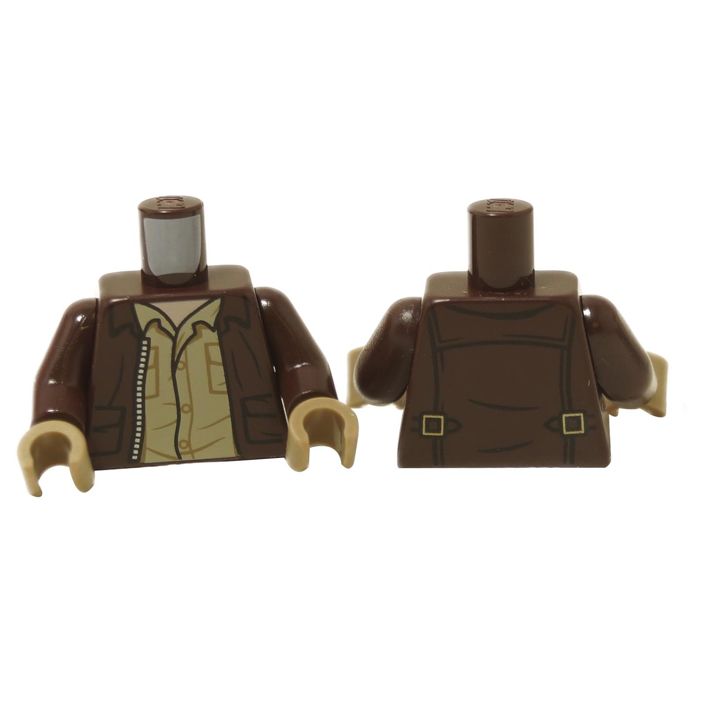 A dark brown torso with an open jacket featuring pockets, a silver zipper, and gold clasps for a LEGO minifigure.