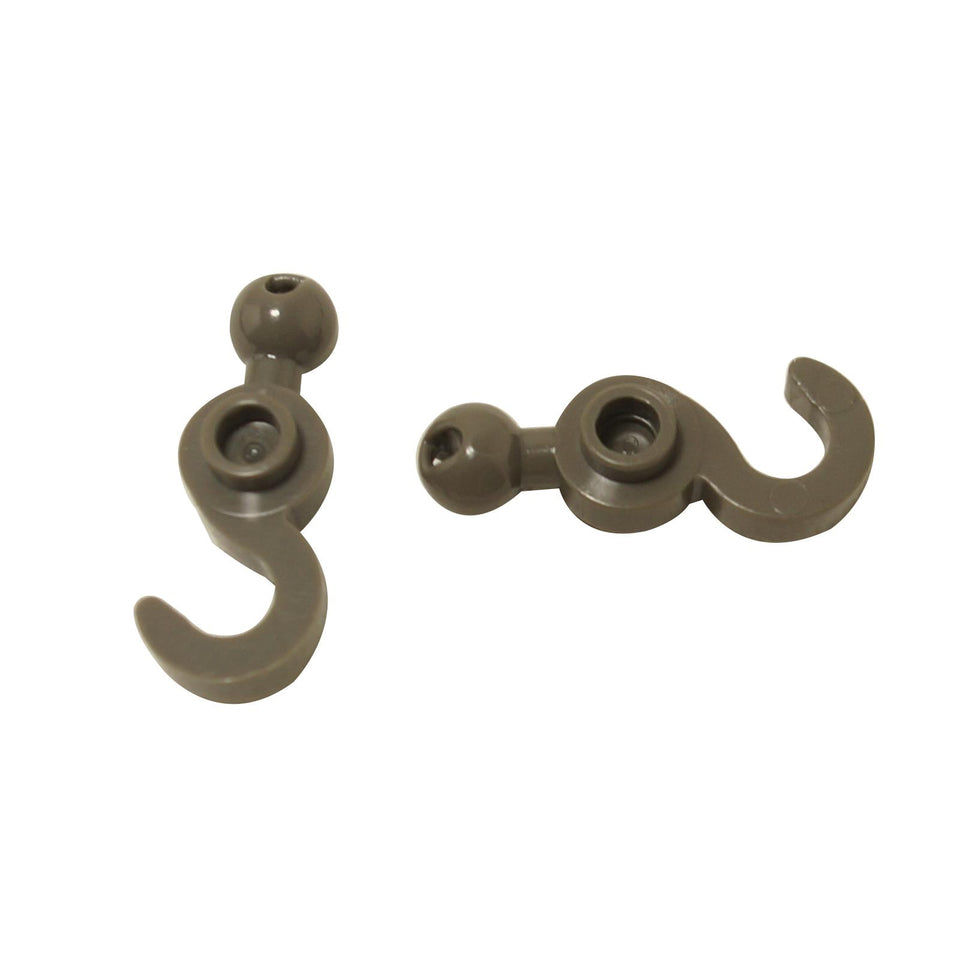Dark gray hook piece with towball end for connecting to minifigure and vehicle builds.

