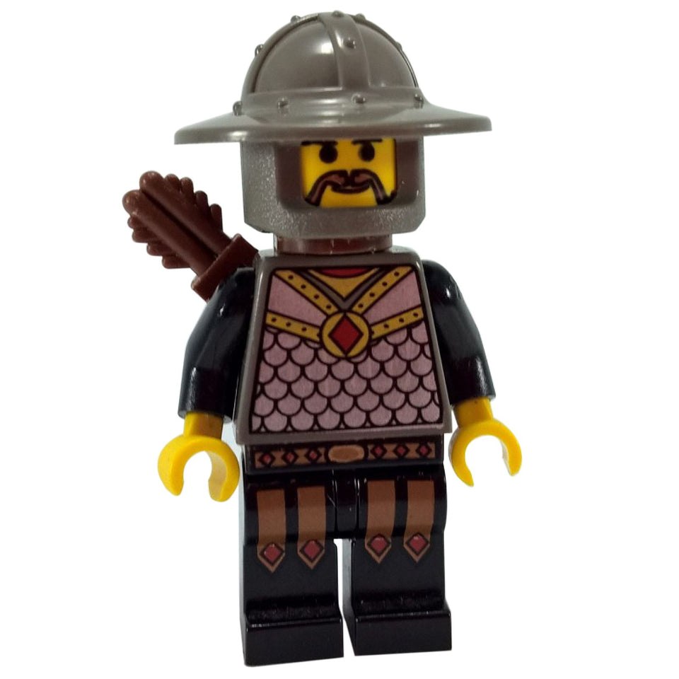 Knight minifigure with dark gray helmet, scale armor torso, black legs and brown quiver
