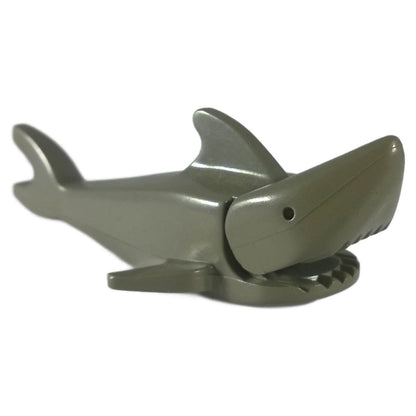 Dark gray shark with pointed nose and open mouth, side front view sea animal figure
