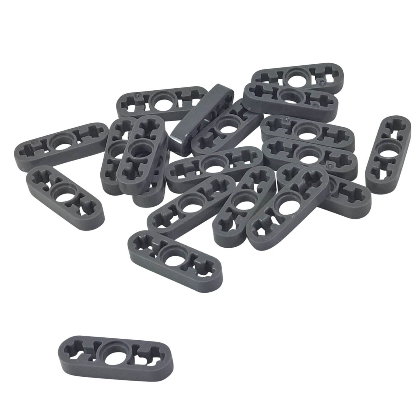 Pila de piezas LEGO Technic Liftarm 1x3 Delgado de color gris azulado oscuro (6632) mostrando agujeros y conexiones.