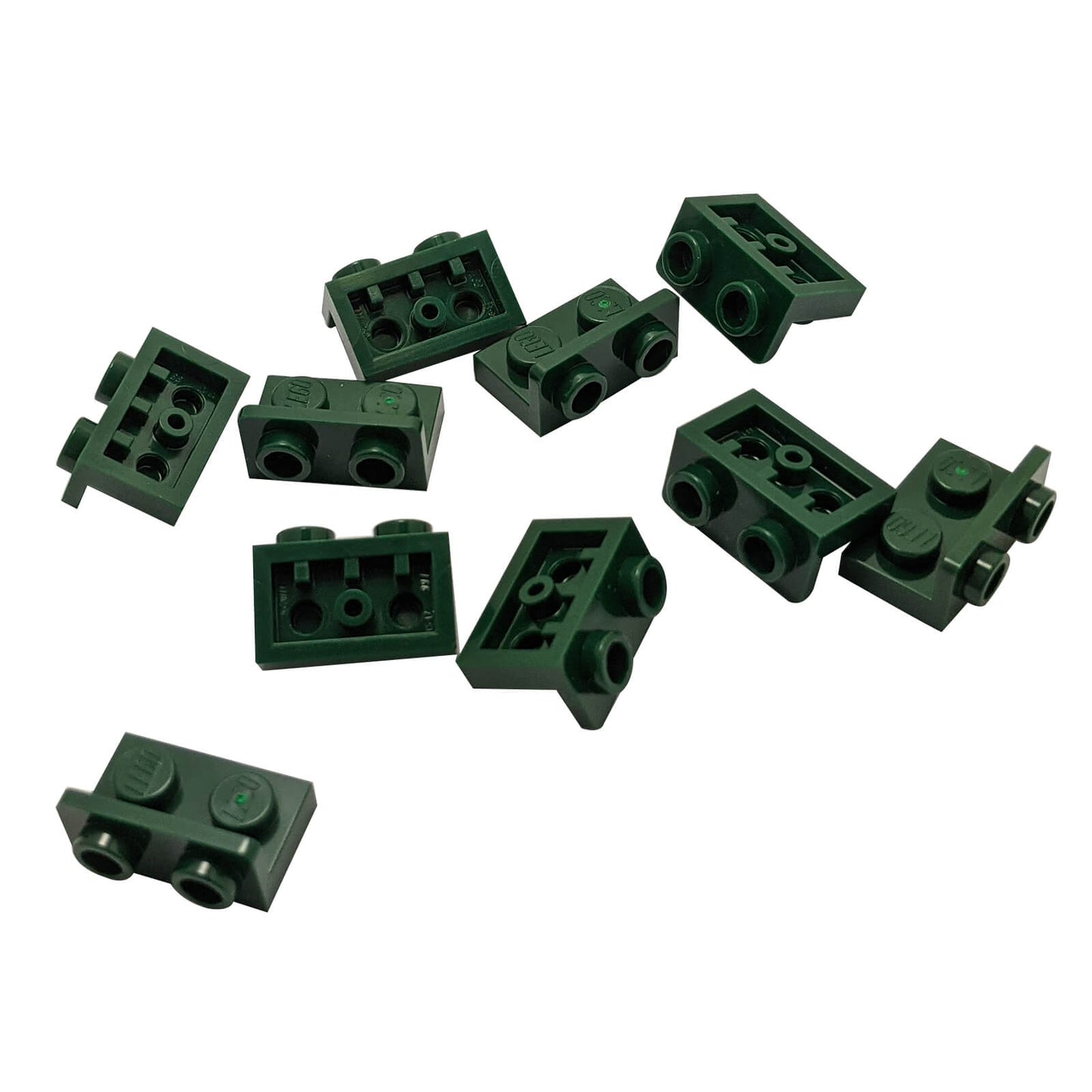 Dark green inverted bracket 1 x 2 - 1 x 2 part 99780, offset building element for compact SNOT construction
