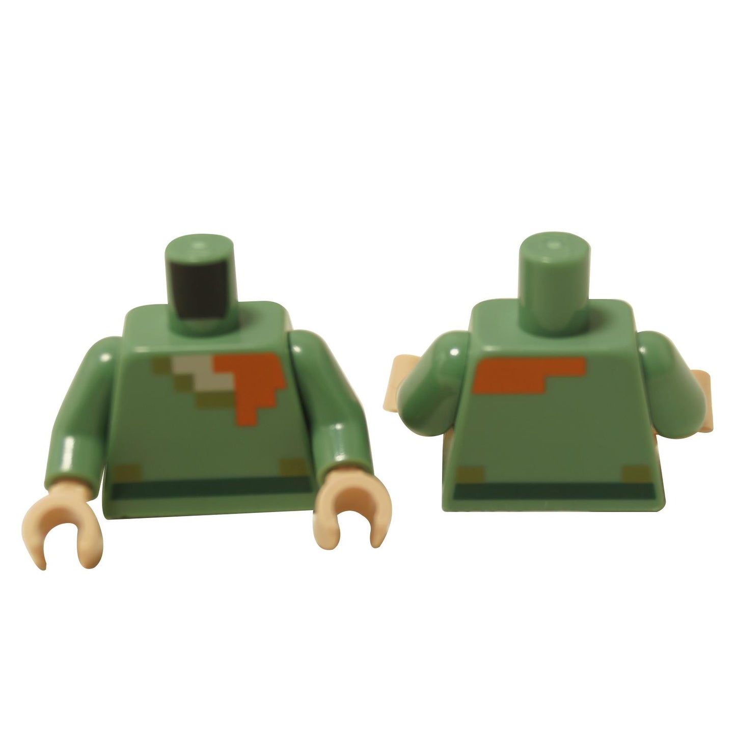 Dark green minifigure torso with pixelated shirt print, orange neck detail and dark green belt, front and back view

