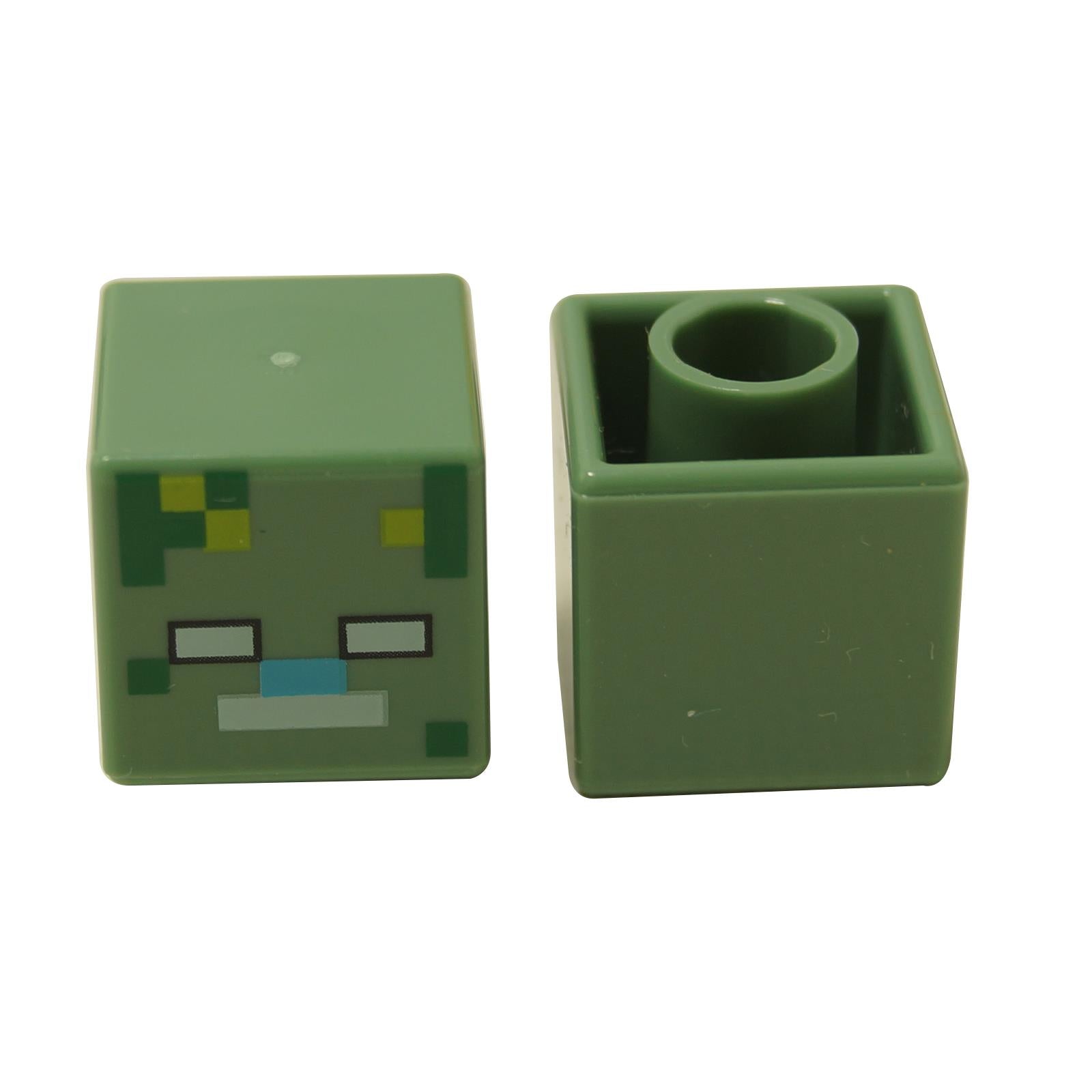 Dark green pixelated cube minifigure head with drowned zombie face print and square eyes, Minecraft-style.
