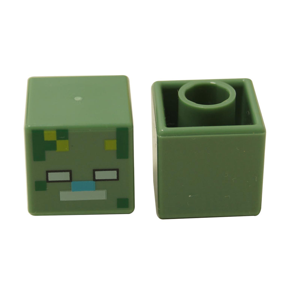 Dark green pixelated cube minifigure head with drowned zombie face print and square eyes, Minecraft-style.

