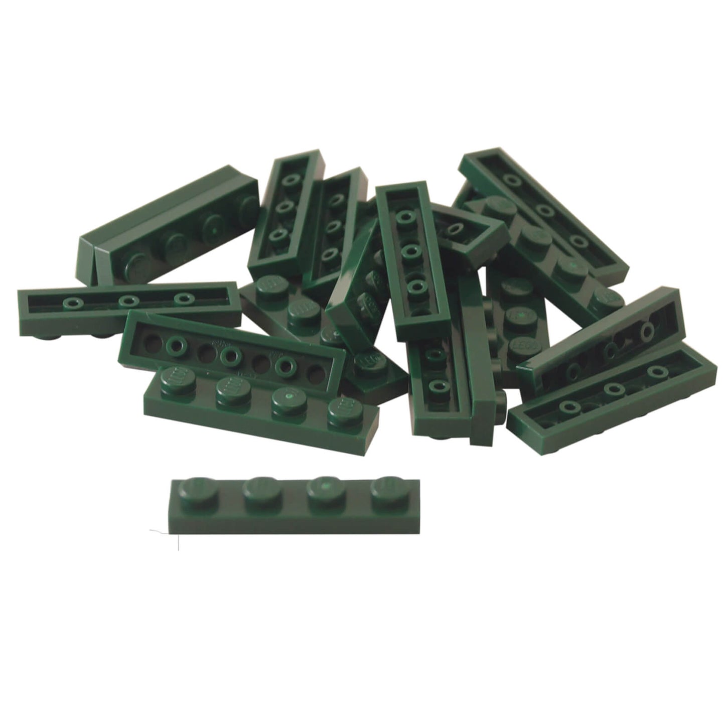Dark green 1x4 plate building piece with four studs for detailed minifigure scale builds
