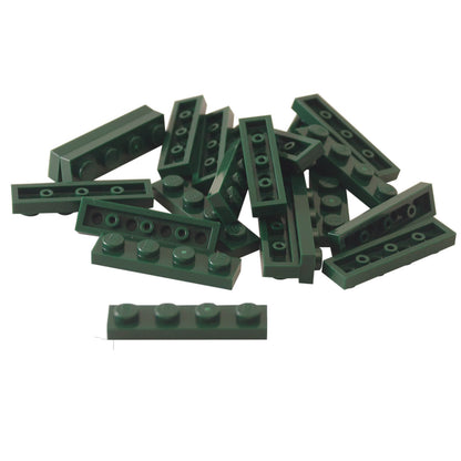 Dark green 1x4 plate building piece with four studs for detailed minifigure scale builds
