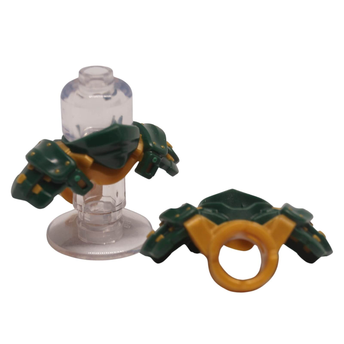 Dark green shoulder armor piece with dual katana sword scabbards for minifigure back attachment
