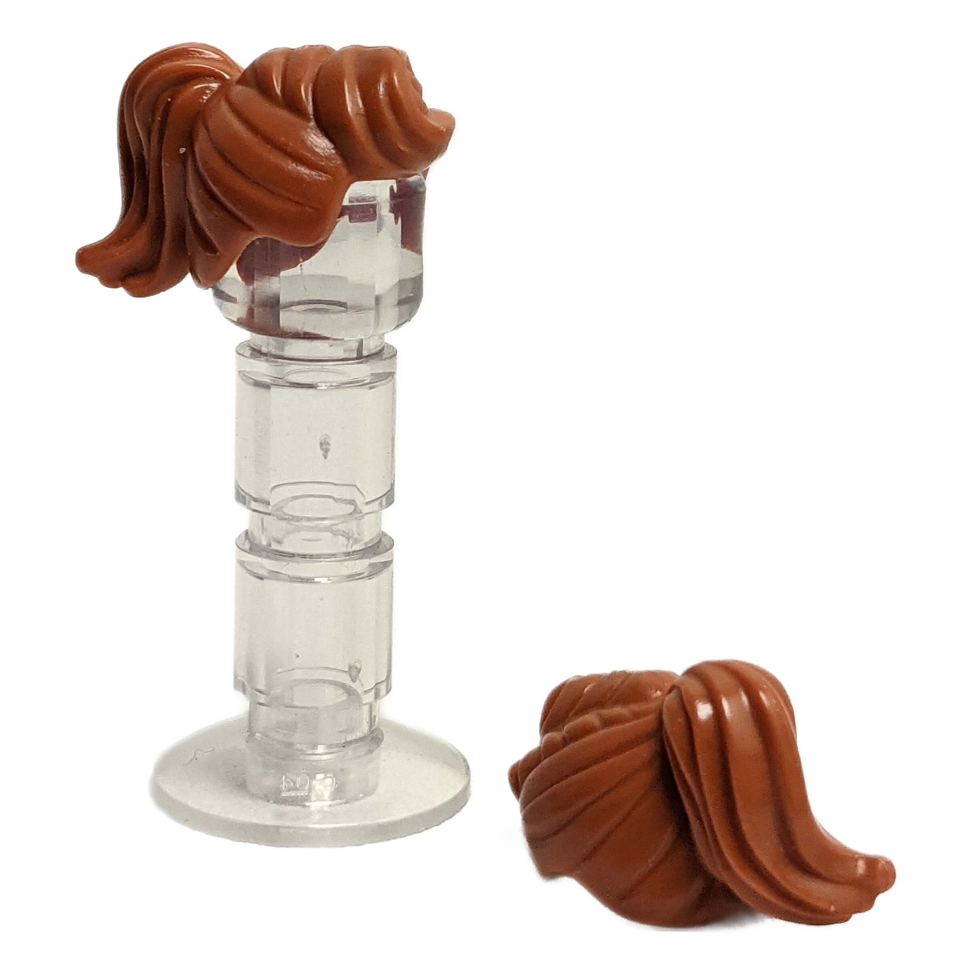 Dark orange female minifigure hair with ponytail and fringe, smooth molded hairstyle for modern characters
