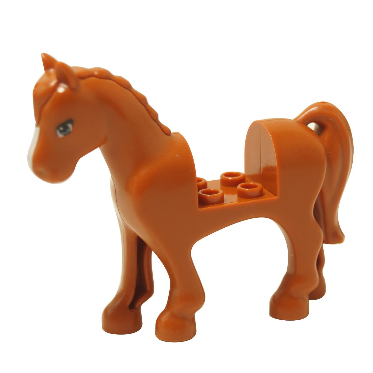 Dark orange horse figure with 2x2 saddle cutout, printed brown eyes, and dark brown mane and tail pattern
