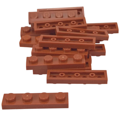 Dark orange 1x4 plate building piece with four studs for detailed minifigure scale builds
