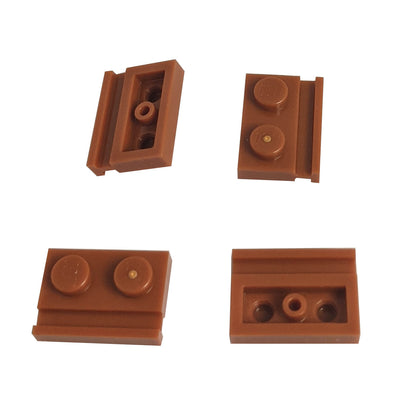 Dark orange modified Plate 1 x 2 with door rail for sliding doors, track guides, and compact wall builds

