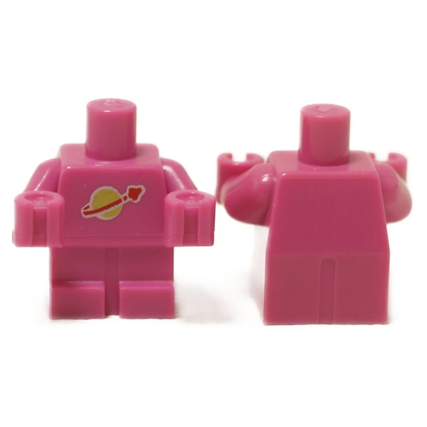Dark pink baby toddler body with fixed arms and classic space logo print on chest, shown front and back on white background
