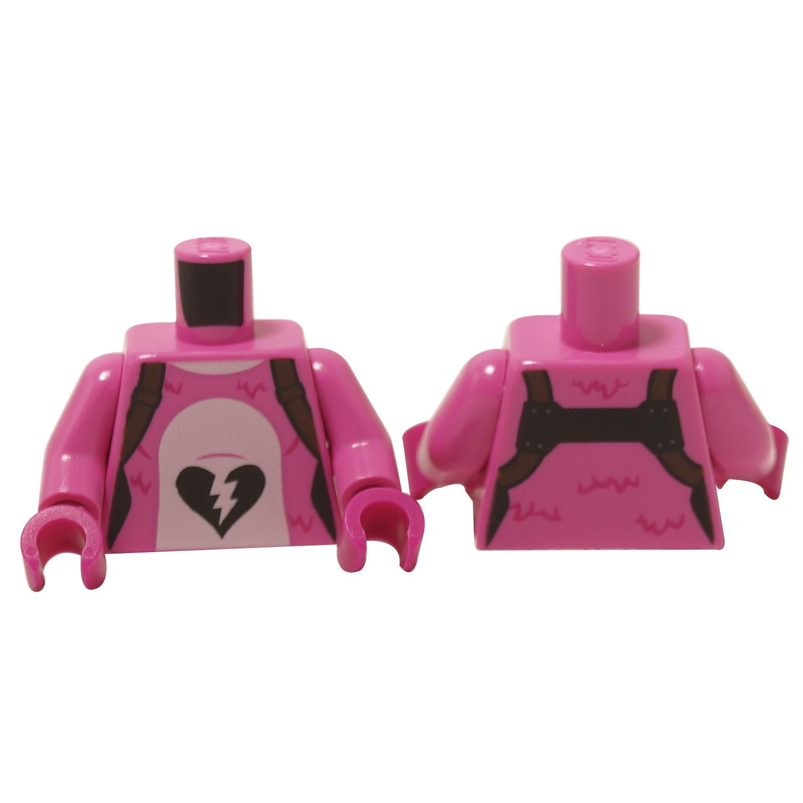 Dark pink minifigure torso with bear suit print, broken heart emblem and strap details
