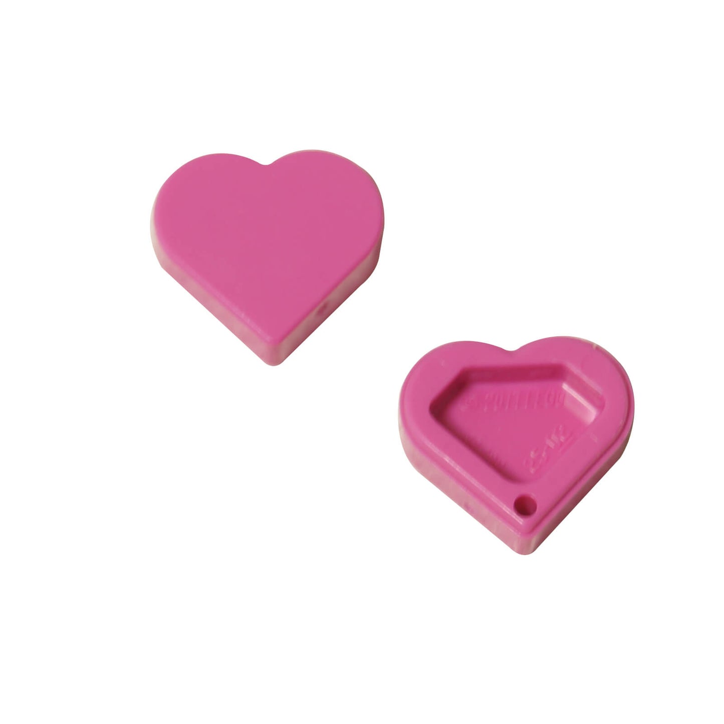 Two dark pink LEGO Tile, Round 1x1 Heart pieces (39739) shown front and back against white.