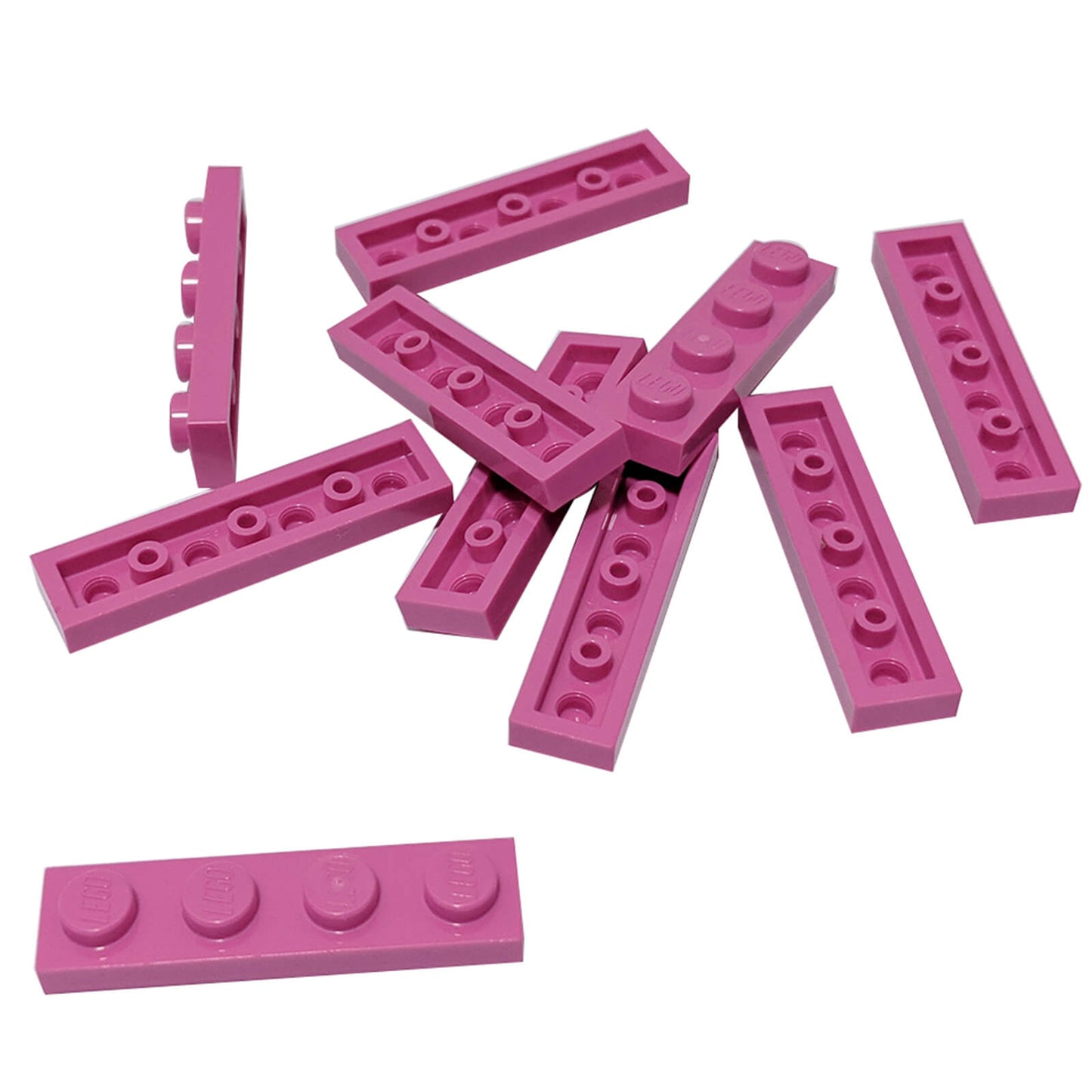 Dark pink 1x4 plate building piece with four studs for detailed minifigure scale builds
