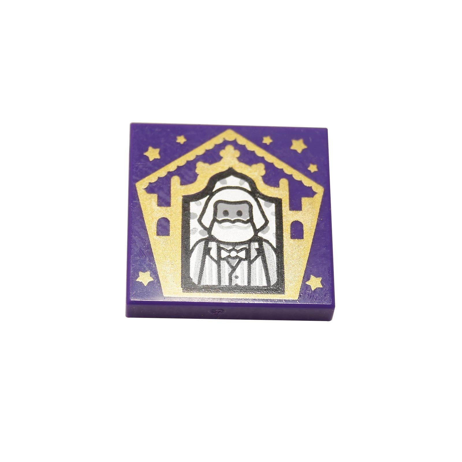 Dark Purple Tile 2 x 2 with Groove featuring a Chocolate Frog Card Bertie Bott pattern, printed square tile with detailed character artwork