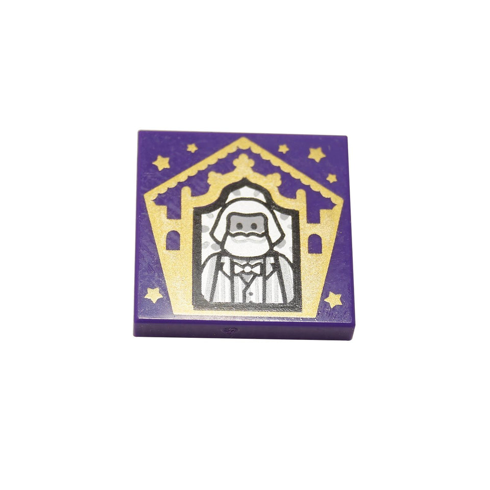 Dark Purple Tile 2 x 2 with Groove featuring a Chocolate Frog Card Bertie Bott pattern, printed square tile with detailed character artwork