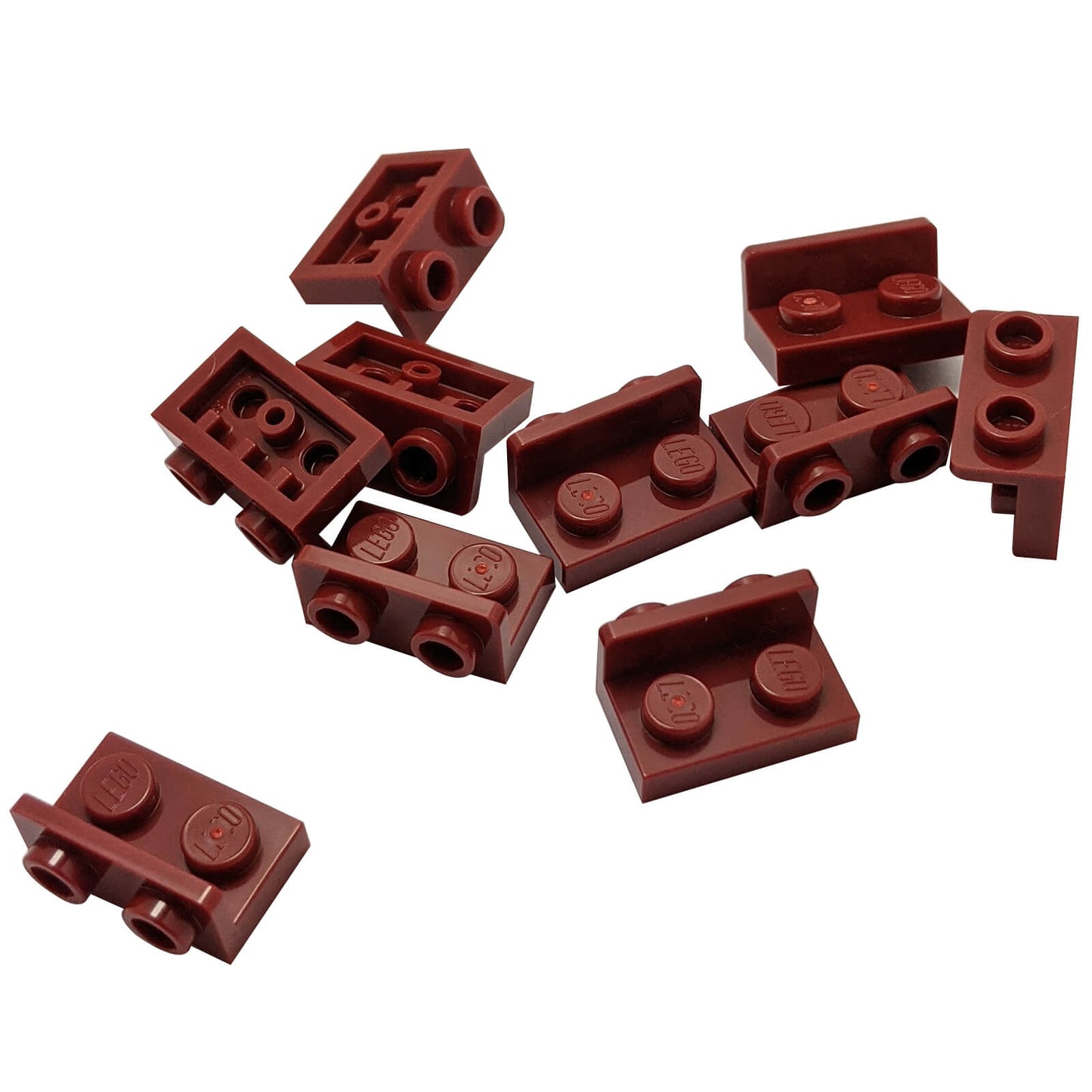 Dark red inverted bracket 1 x 2 - 1 x 2 part 99780, offset building element for compact SNOT construction
