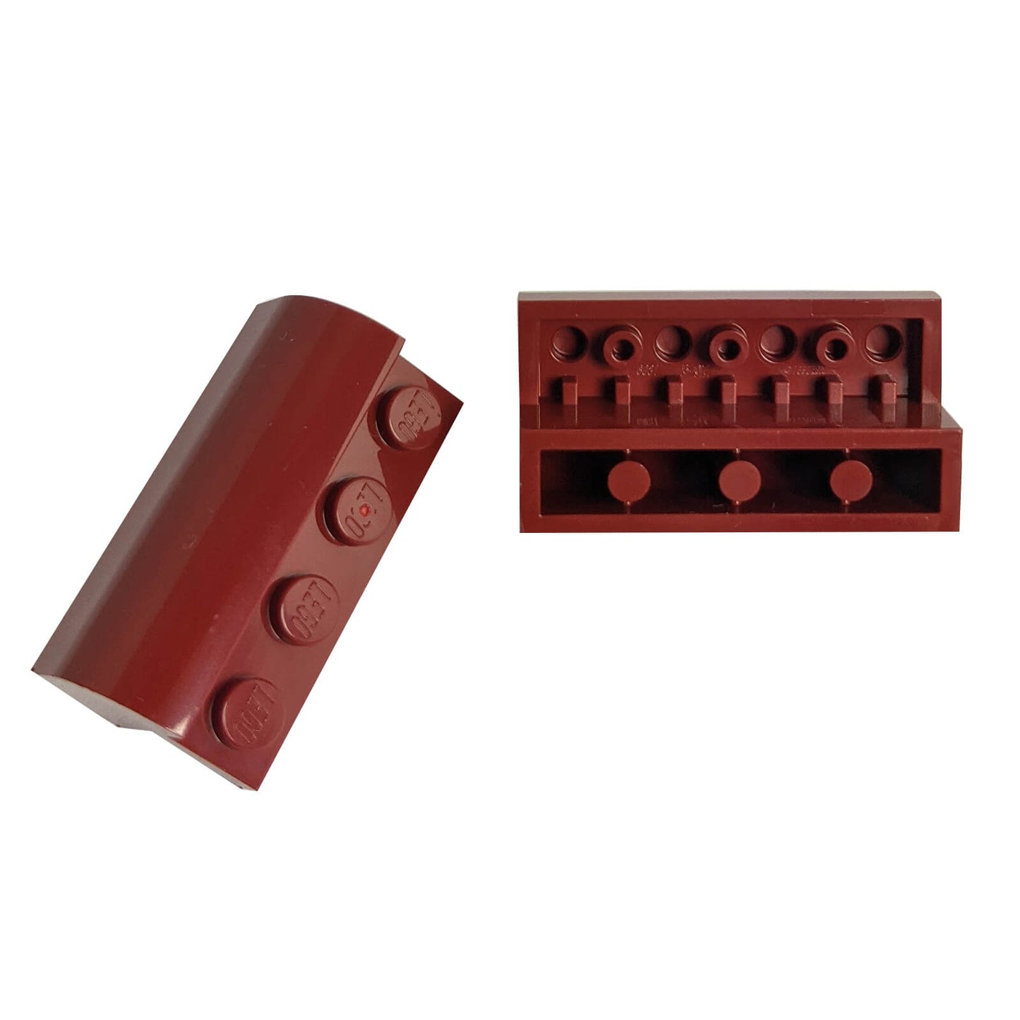 Dark red curved 2x4 slope with recessed studs (6081) for smooth shaping, roofs, and vehicle builds
