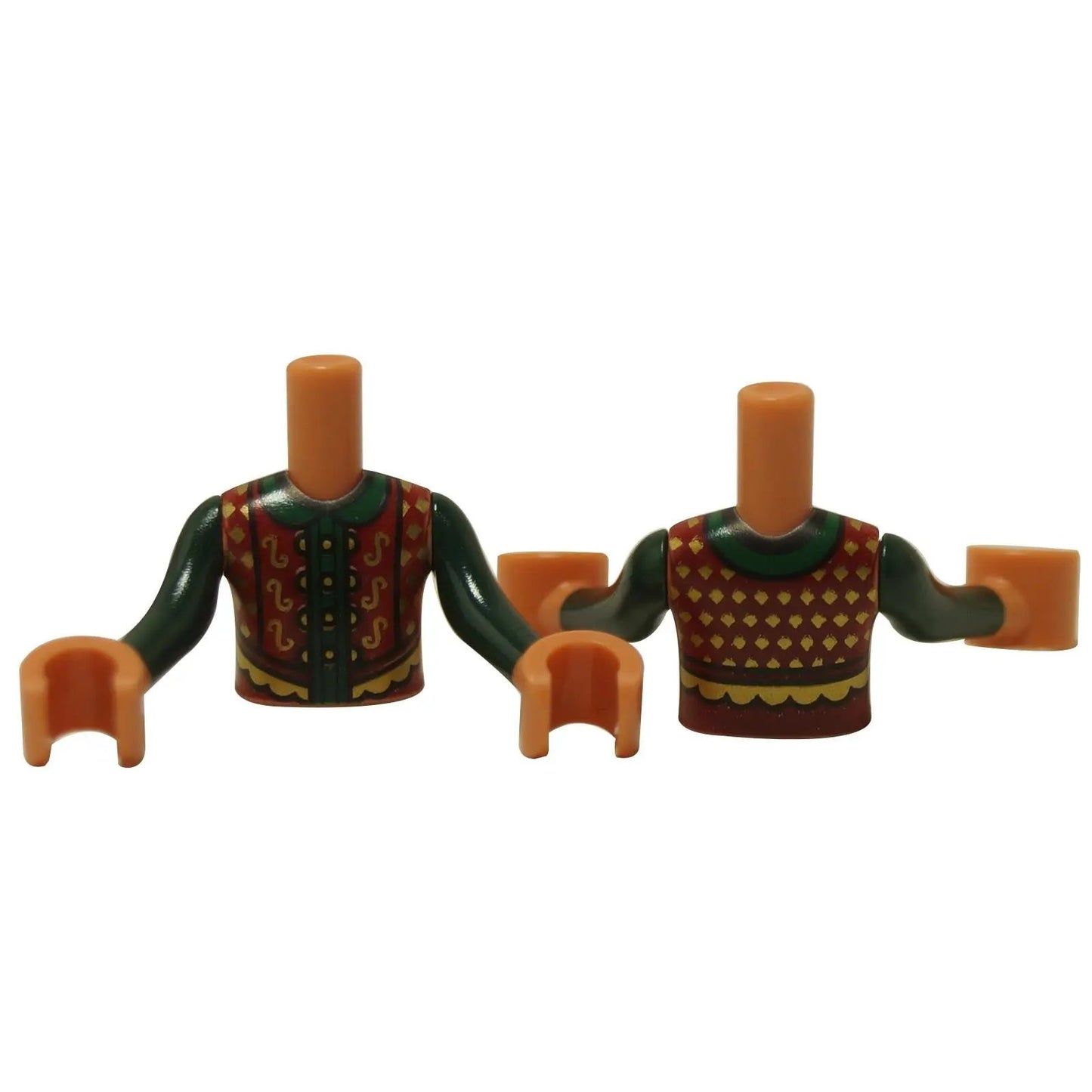 Mini-doll boy torso with dark red vest print, green sleeves and patterned front and back, front and back view
