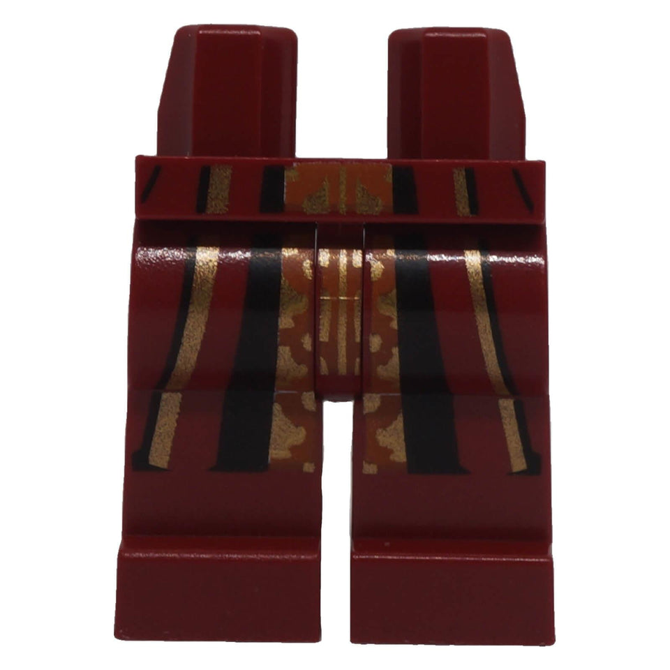 Dark red LEGO minifigure legs with gold black and dark orange robe pattern