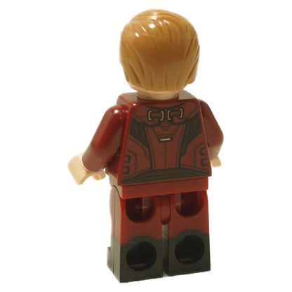 Minifigure back view with dark red torso back print and black boots.
