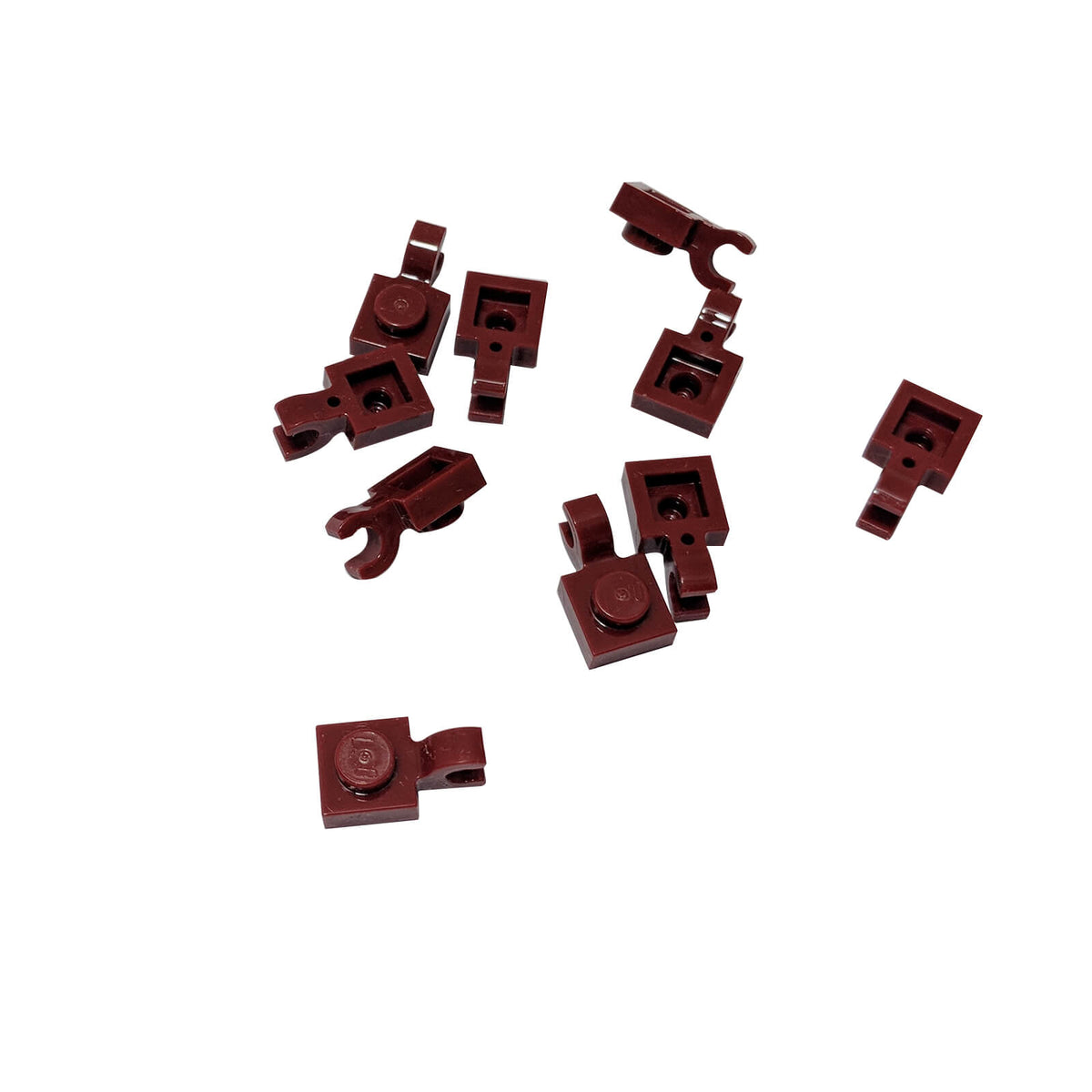 Dark red  LEGO® modified plate 1 x 1 part 61252 shown from two angles with single stud and open horizontal O clip