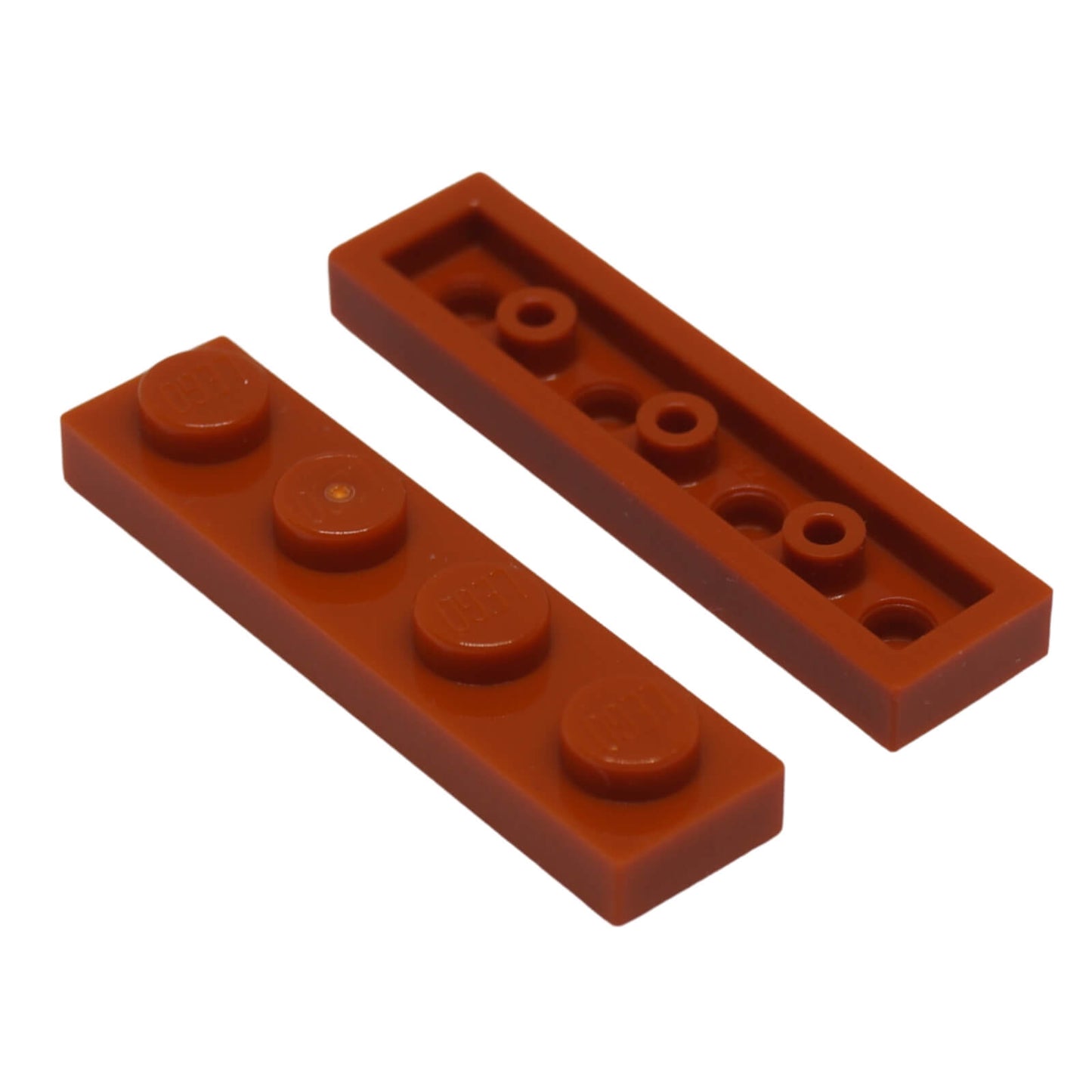Dark red 1x4 plate building piece with four studs for detailed minifigure scale builds
