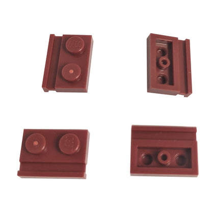Dark red modified Plate 1 x 2 with door rail for sliding doors, track guides, and compact wall builds
