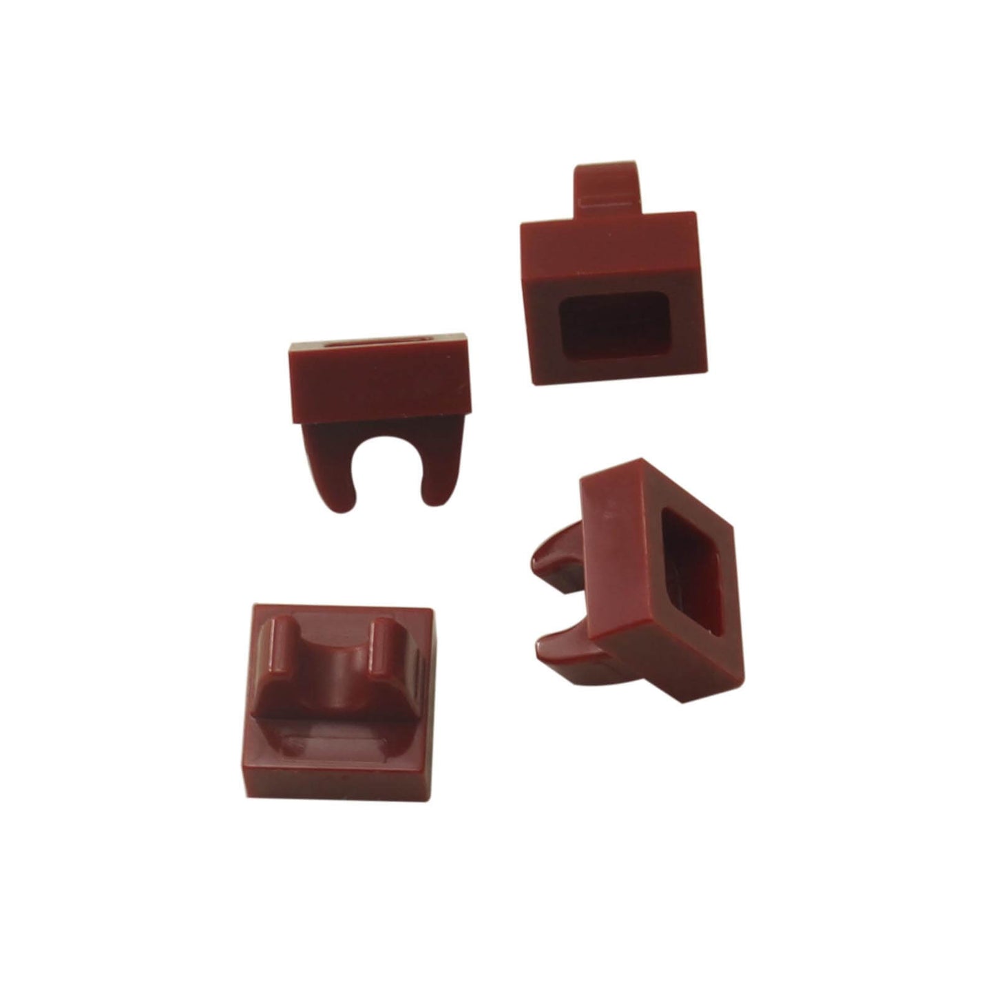 Dark red modified 1x1 tile with clip attachment, small connector piece for holding accessories and details
