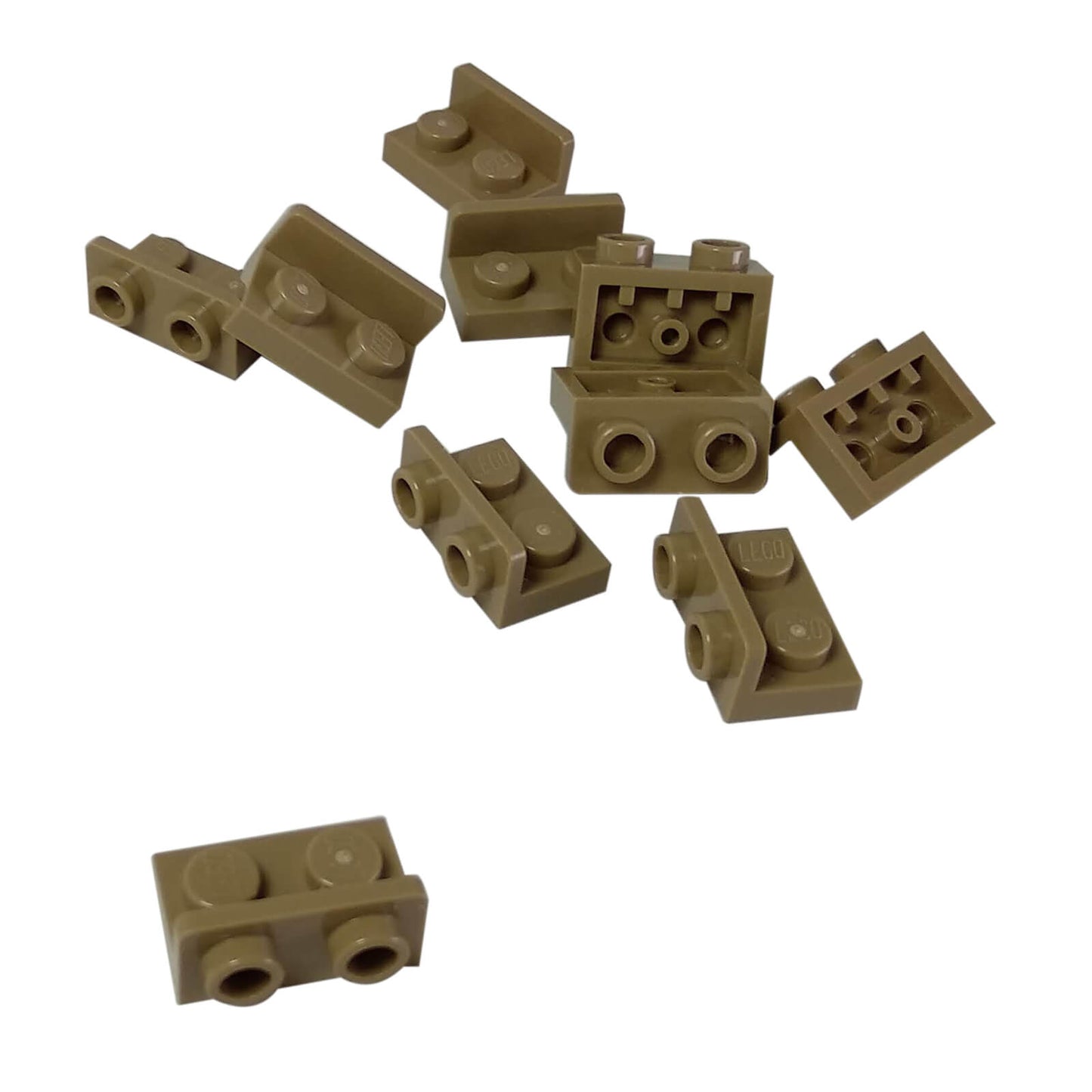 Dark tan inverted bracket 1 x 2 - 1 x 2 part 99780, offset building element for compact SNOT construction

